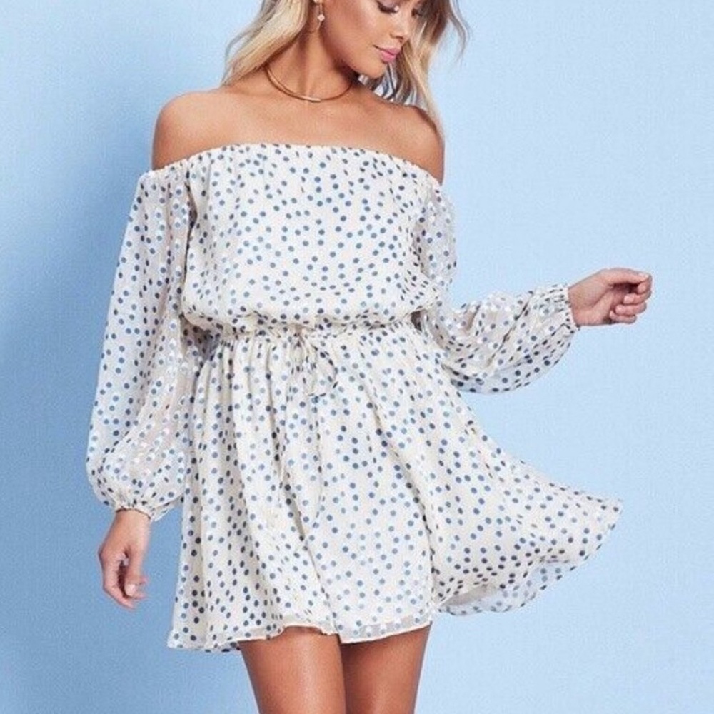 Lovers + Friends World Traveler Dress Blue Polka Dot Speckled Ocean Off Shoulder